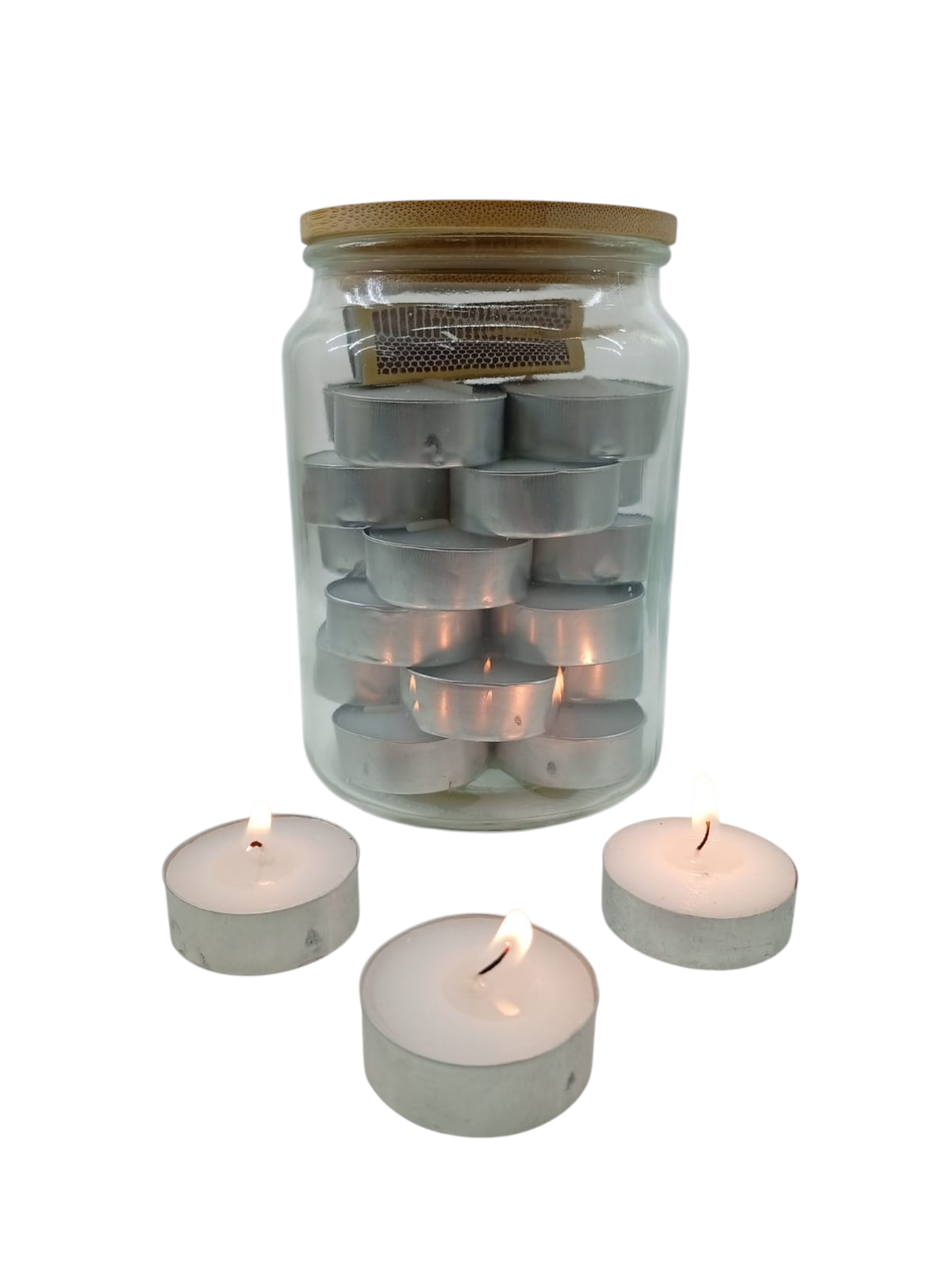 tea lights in jar with lit tea lights Tea Lights & Matches in Glass Jar